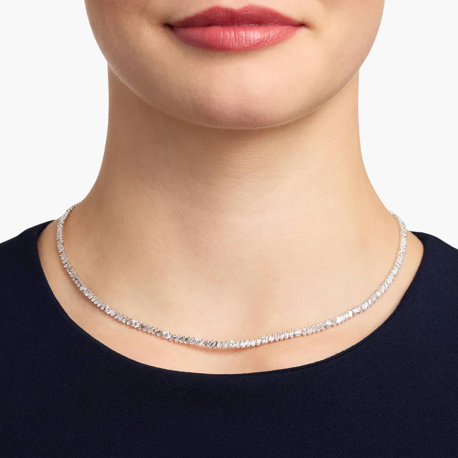 Baguette and Round Diamond Fashion Eternity Necklace in 14K White Gold (8 1/2 Ct. Tw.)