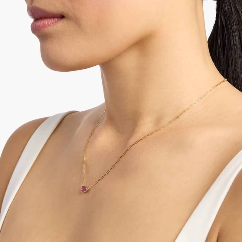 East-West Pear-Shaped Ruby Paperclip Necklace in 14K Yellow Gold