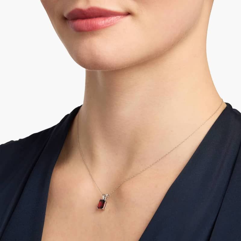 Emerald Cut Birthstone Garnet Pendant Necklace in 14K White Gold (8x6mm)