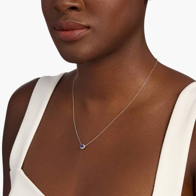 East West Oval Halo Sapphire and Diamond Necklace in 18K White Gold (6x4mm)