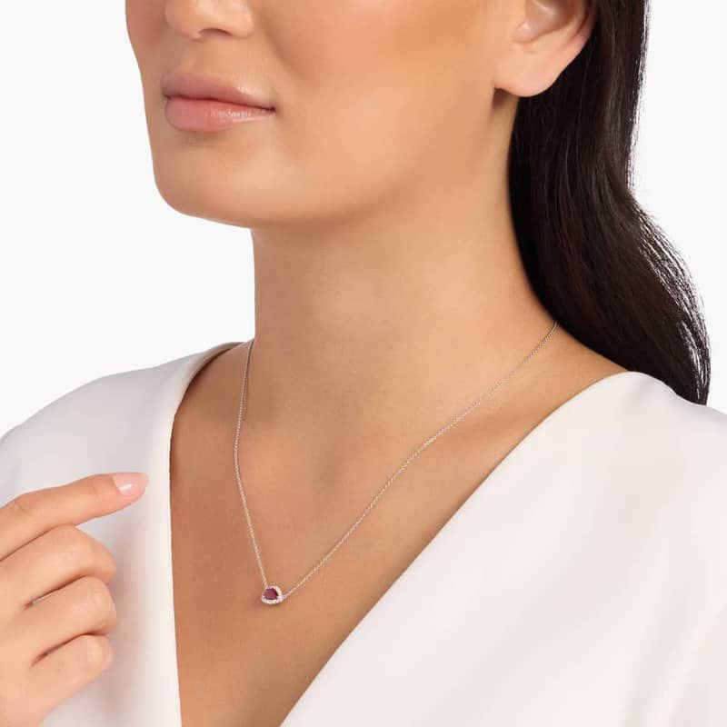 Sideways Pear Ruby and Diamond Halo Necklace in 18K White Gold