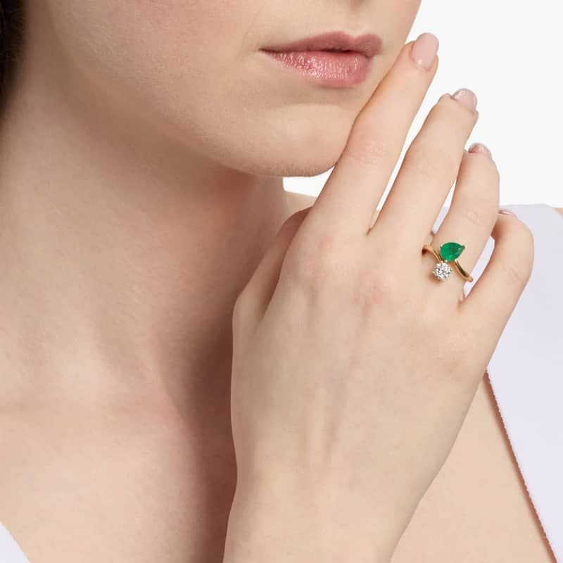 Emerald and Diamond Two Stone Ring in 14k Yellow Gold