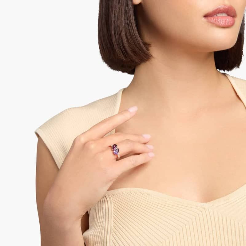 Rhodolite and Amethyst Two Stone Ring with Diamond Halo in 14k Rose Gold
