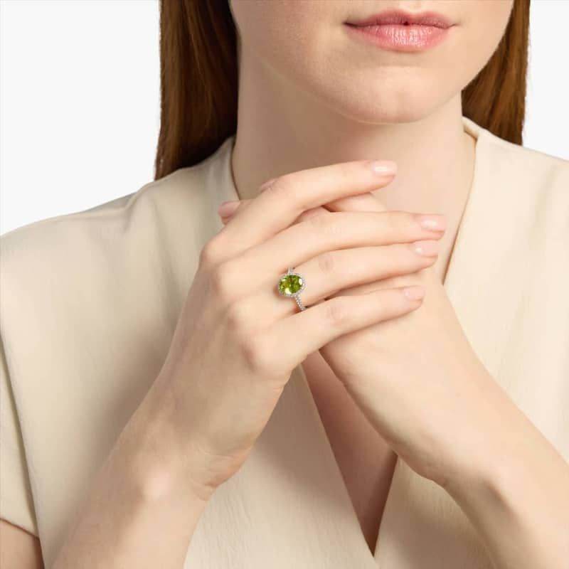 Peridot and Diamond Halo Ring in 18k White Gold (10x8mm)