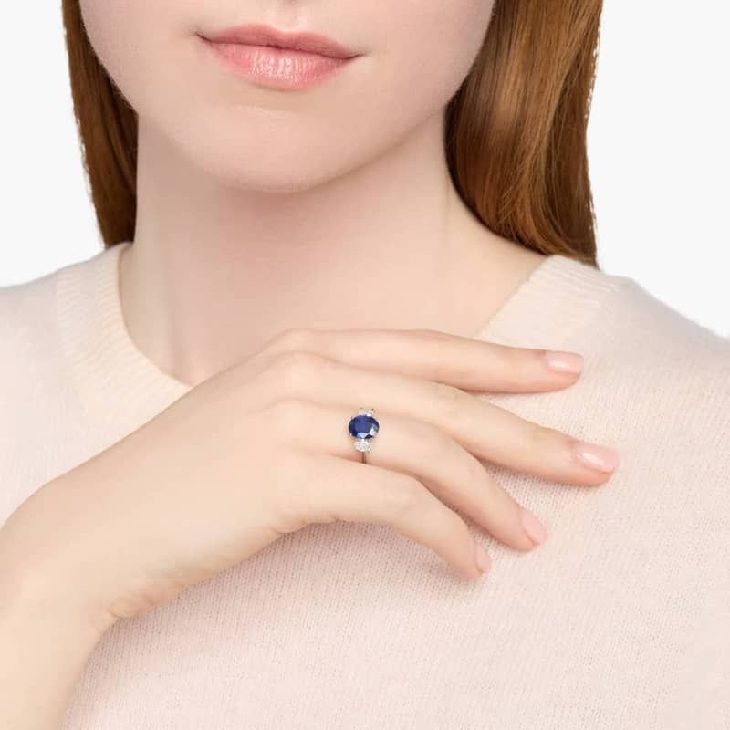 Sapphire and Diamond Three Stone Ring in 14k White Gold (9x7mm)