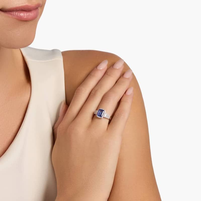 Emerald Cut Tanzanite Ring with Diamond Baguette Sidestones in 14k White Gold