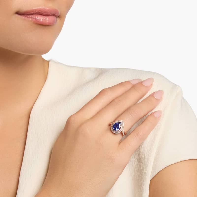 Pear Cut Tanzanite Ring with Double Diamond Halo in 14k Rose Gold