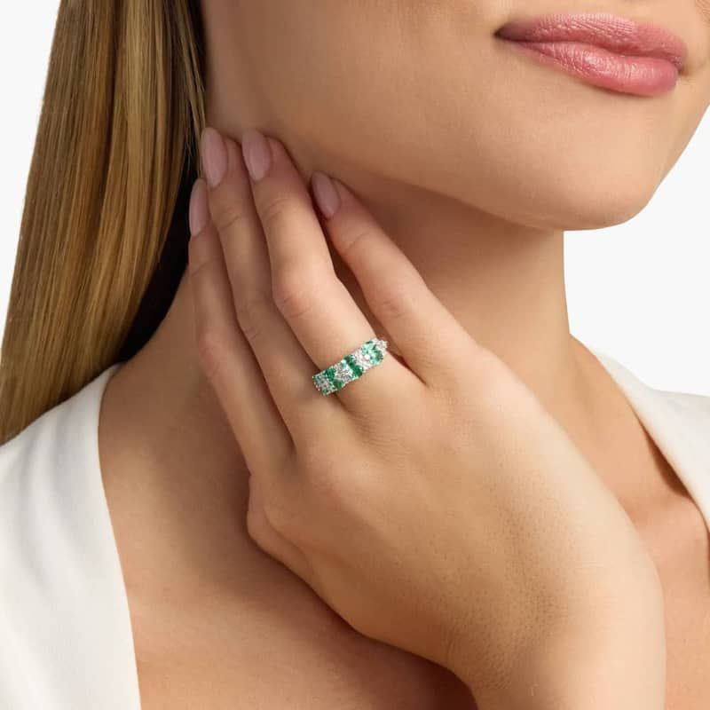 Oval Emerald & Round Diamond Double Row Ring in 14k White Gold