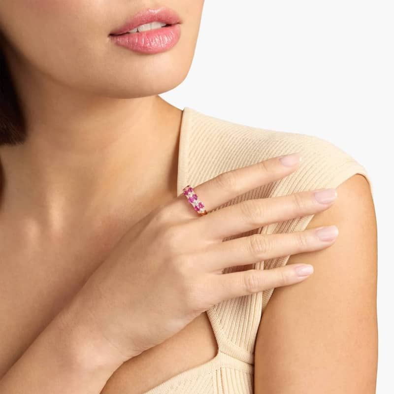 Oval Ruby & Round Diamond Double Row Ring in 14k Rose Gold
