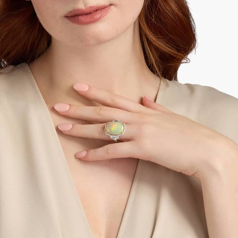 Extraordinary Collection: Cushion Cut Opal with Cadillac Cut White Sapphire Ring in 18k White Gold