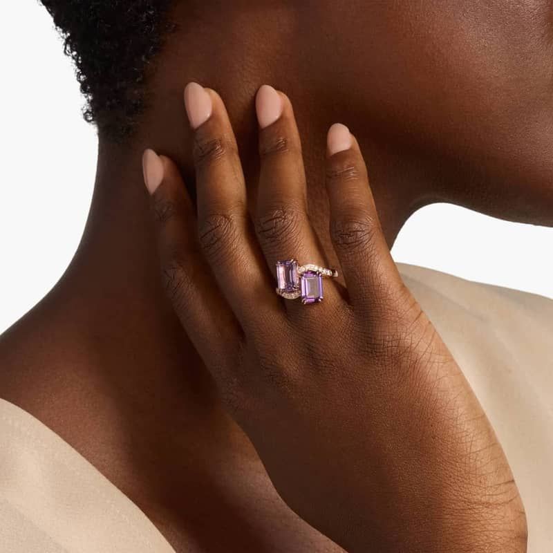 Emerald Cut Amethyst and Diamond Two-Stone Ring 14k Rose Gold