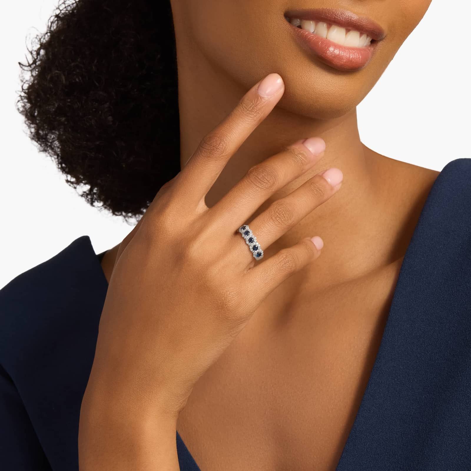 Five Stone Round Sapphire Halo Diamond Ring in 14k White Gold (1 ct. tw.)