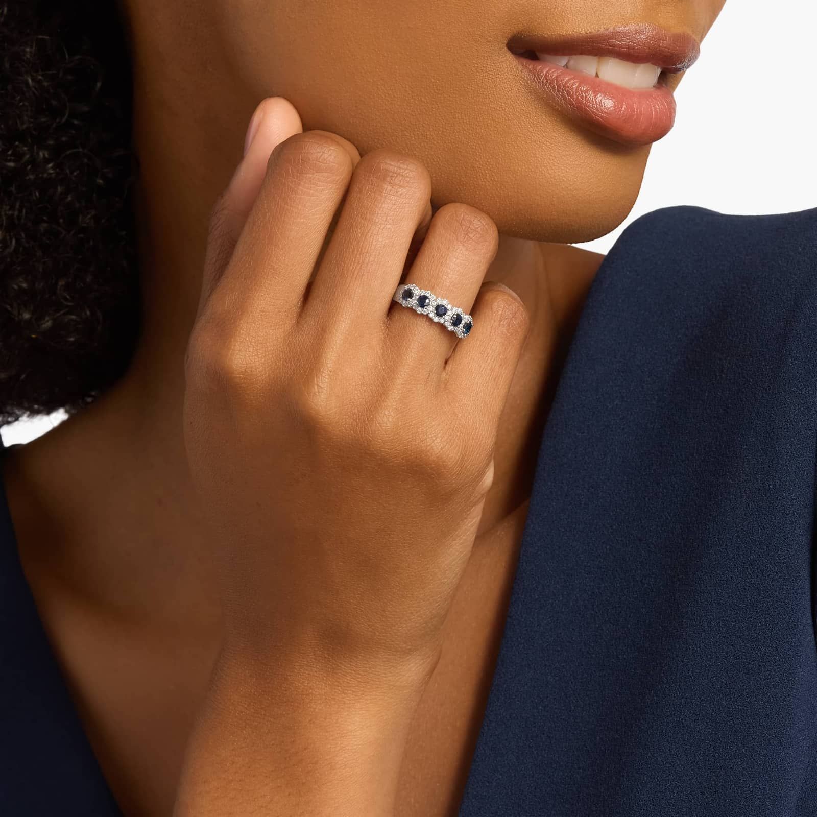 Five Stone Round Sapphire Halo Diamond Ring in 14k White Gold (1 ct. tw.)