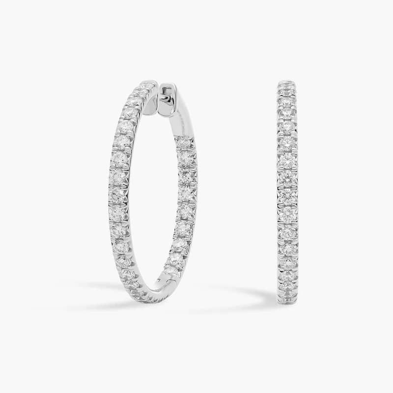 French Pavé Eternity Diamond Hoop Earrings in 14k White Gold (2 ct. tw.)