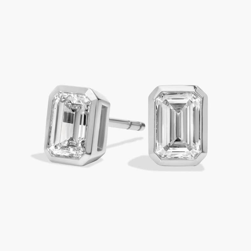Bezel Set Emerald Cut Lab-Grown Diamond Stud Earrings In 14K White Gold (2 Ct. tw. - F-G / VS2-SI1)