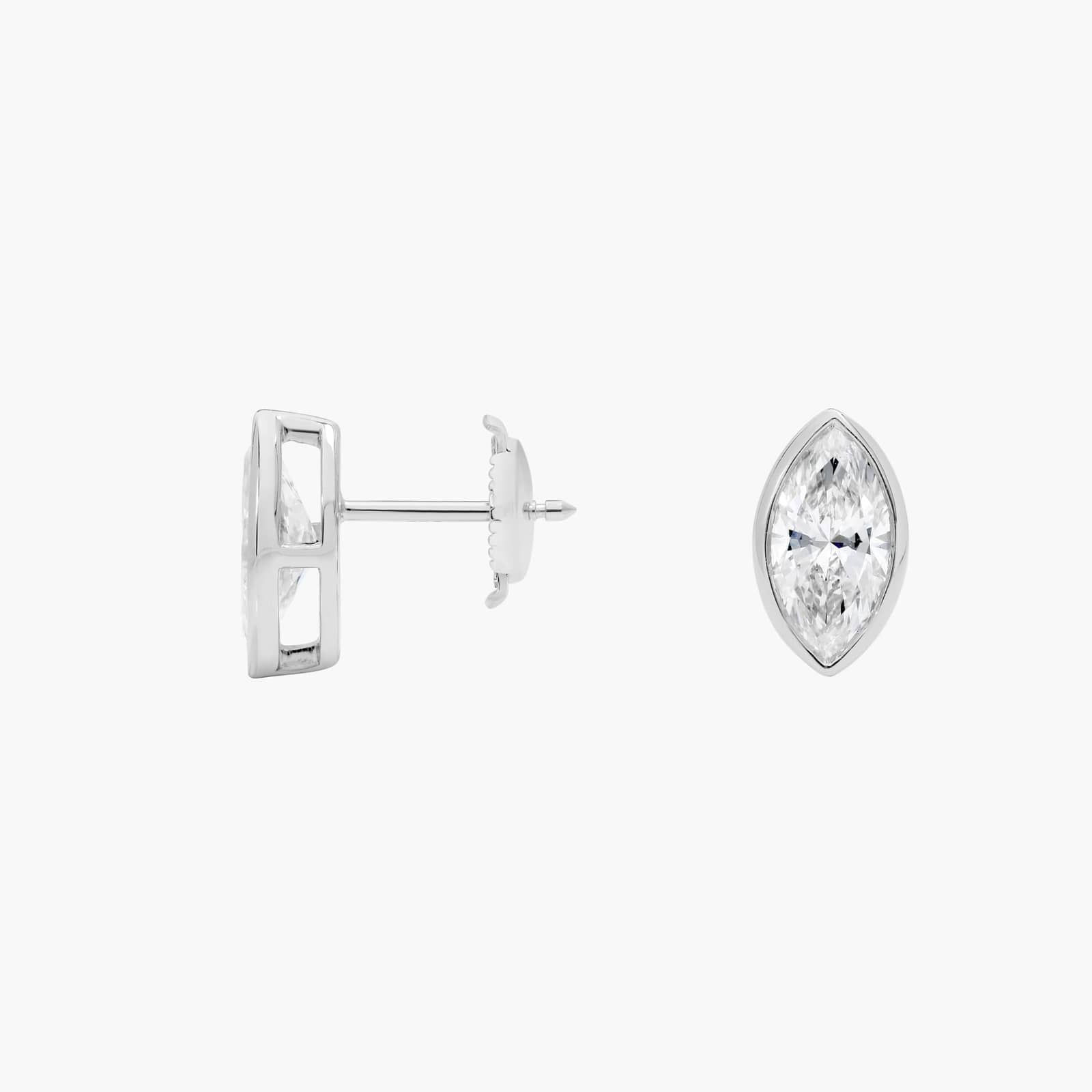 Bezel Diamond Stud Earrings With 2 CTW Marquise Cut Diamonds in Platinum