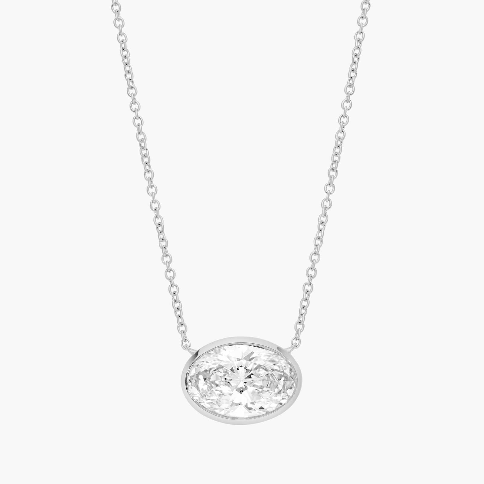 East-West Bezel Solitaire Pendant Necklace With 3 CTW Oval Cut Lab-Grown Diamond in 14K White Gold