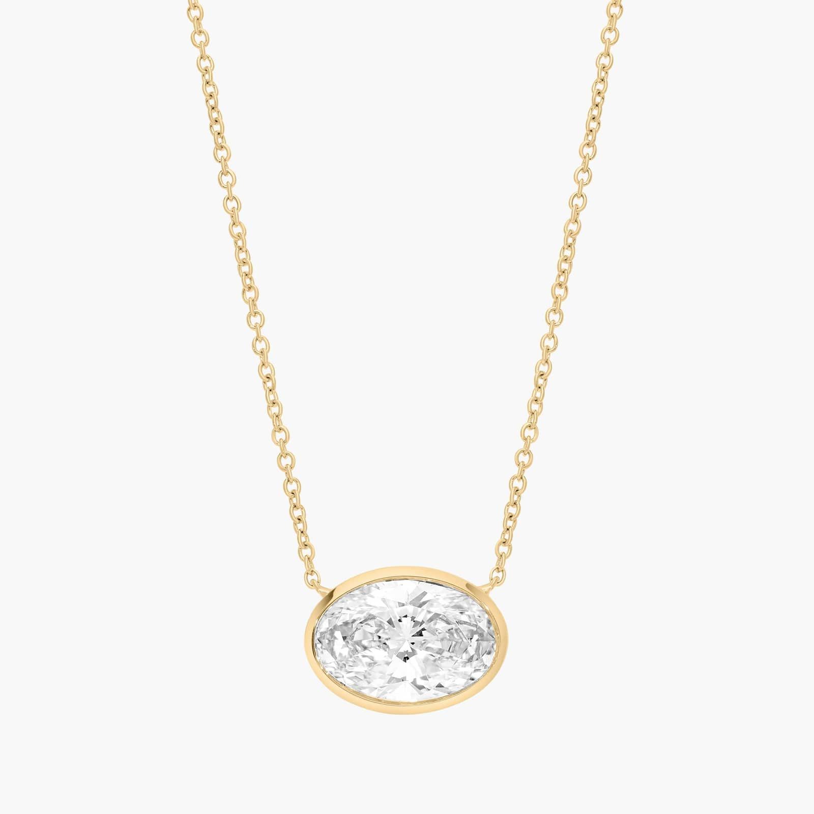 East-West Bezel Solitaire Pendant Necklace With 3 CTW Oval Cut Lab-Grown Diamond in 14K Yellow Gold