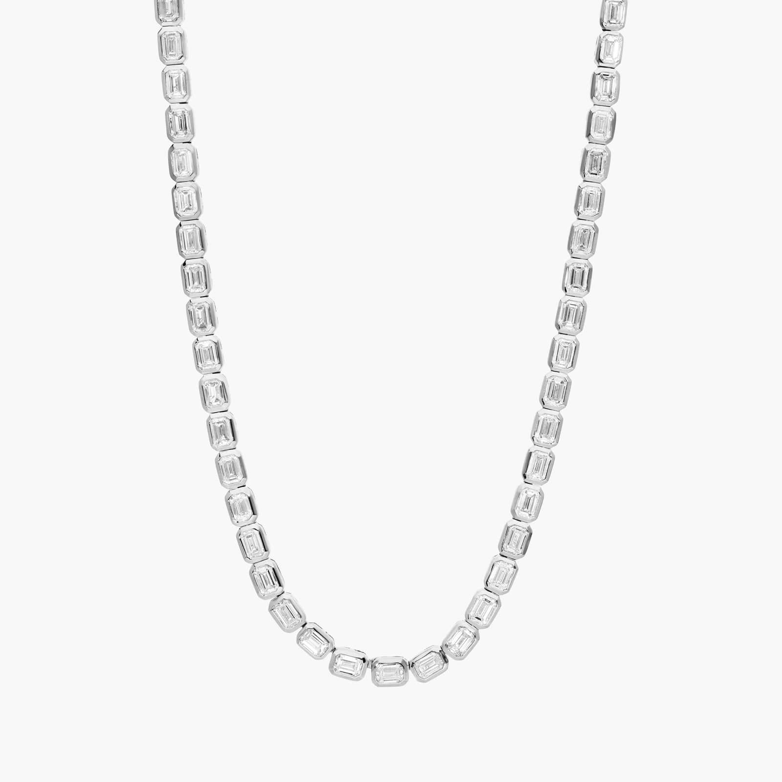 East-West Bezel Tennis Necklace With 10 CTW Emerald Cut Diamonds in 14K White Gold
