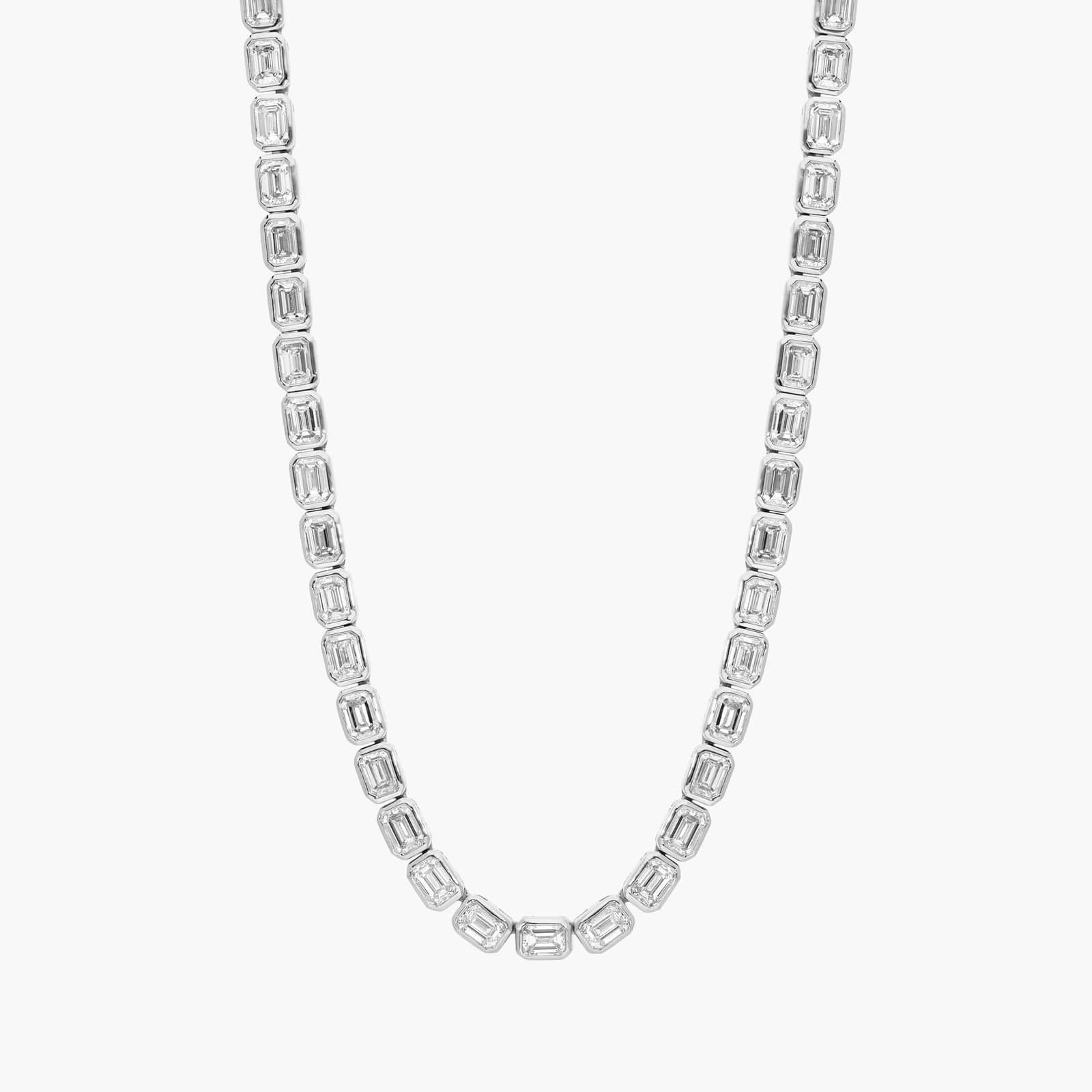 East-West Bezel Tennis Necklace With 15 CTW Emerald Cut Diamonds in 14K White Gold