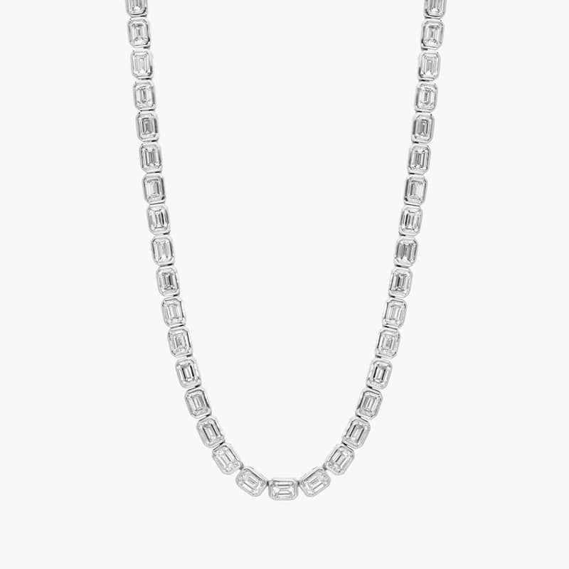 East-West Bezel Tennis Necklace With 15 CTW Emerald Cut Diamonds in Platinum