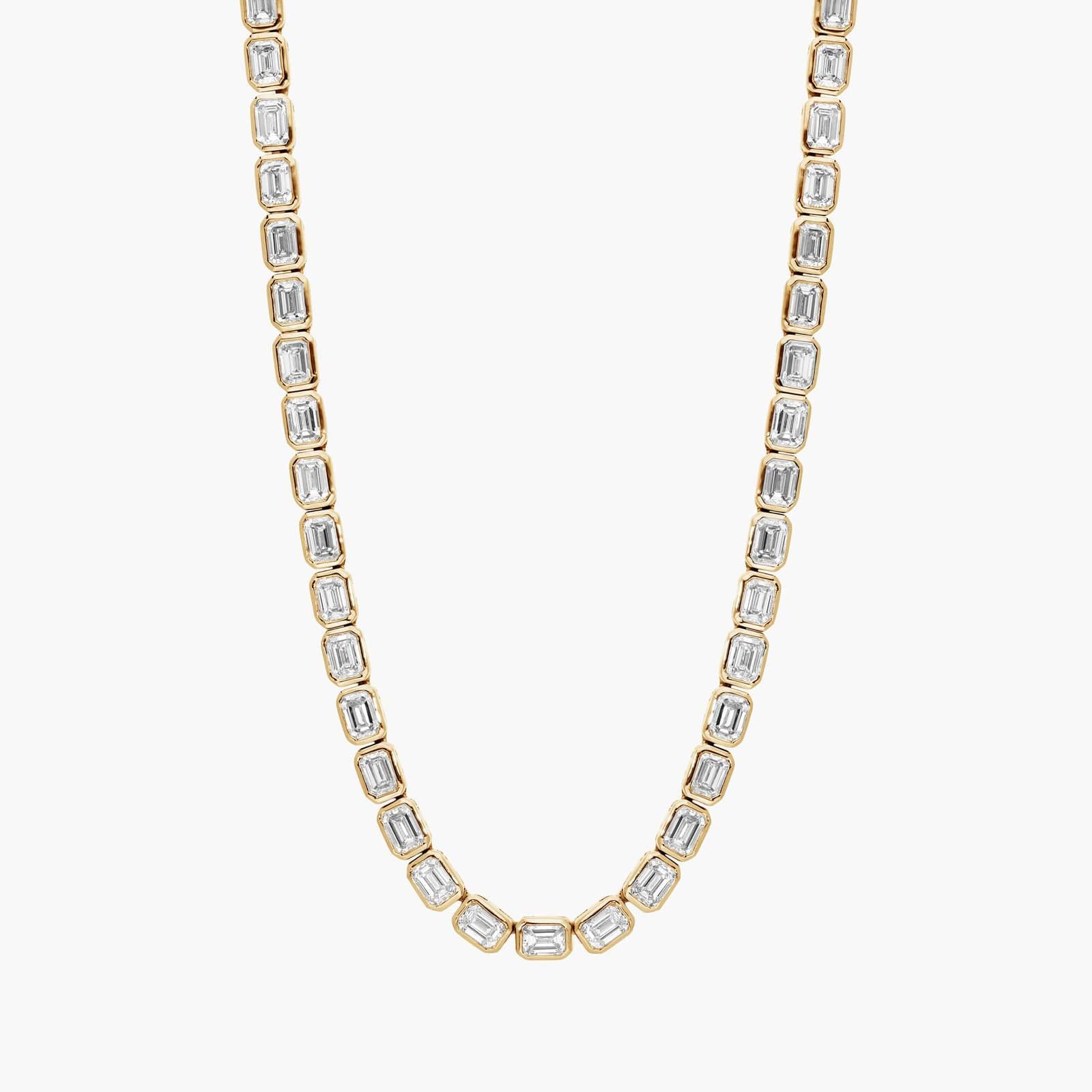 East-West Bezel Tennis Necklace With 15 CTW Emerald Cut Diamonds in 14K Yellow Gold
