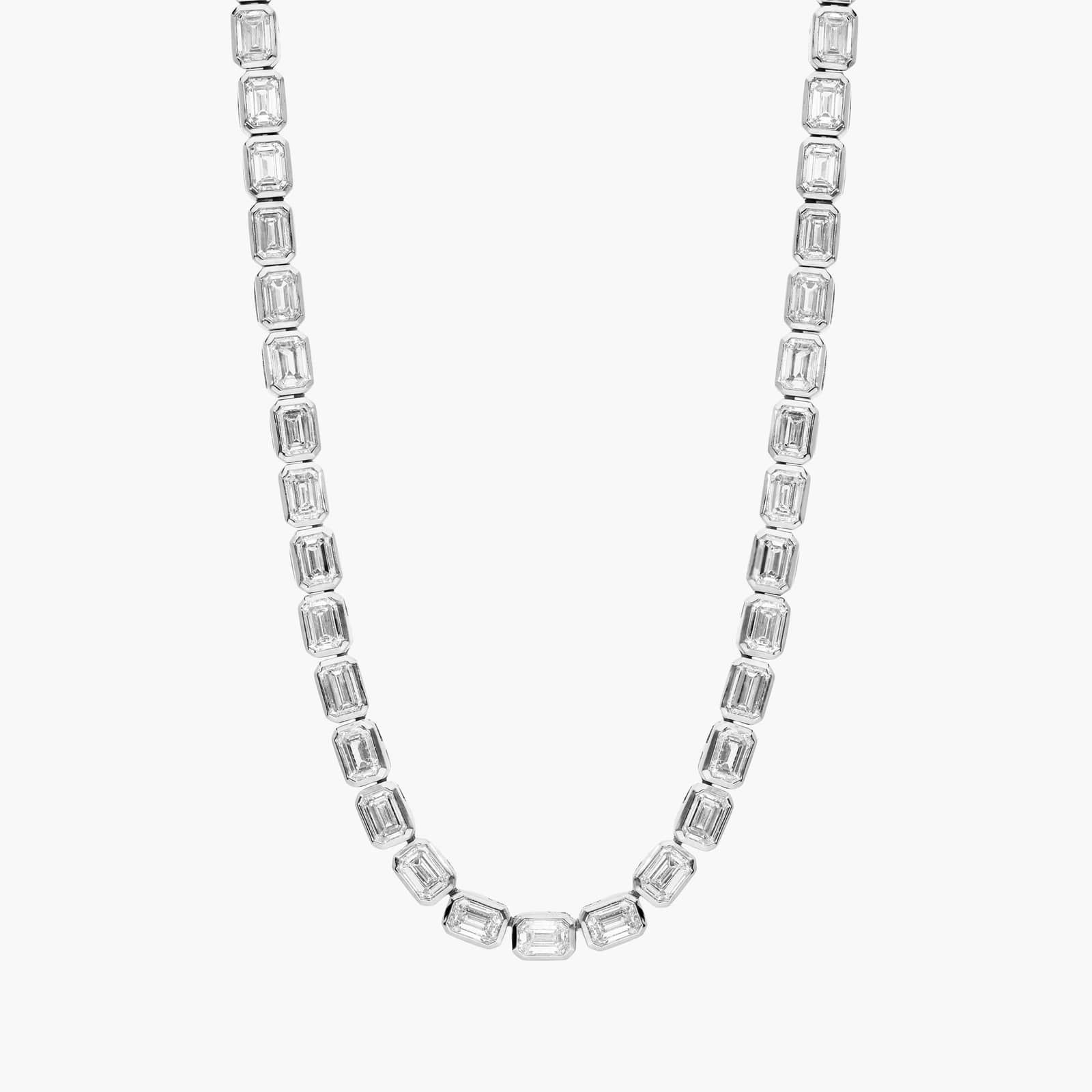 East-West Bezel Tennis Necklace With 20 CTW Emerald Cut Diamonds in Platinum