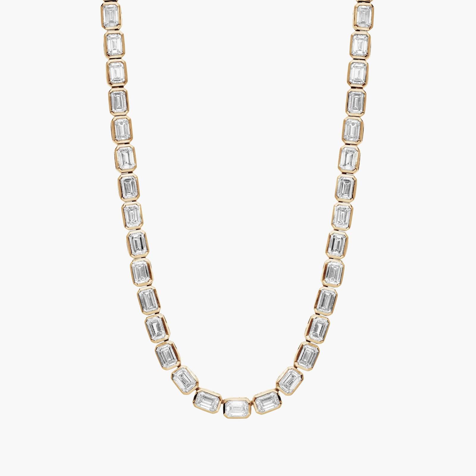 East-West Bezel Tennis Necklace With 20 CTW Emerald Cut Diamonds in 14K Yellow Gold