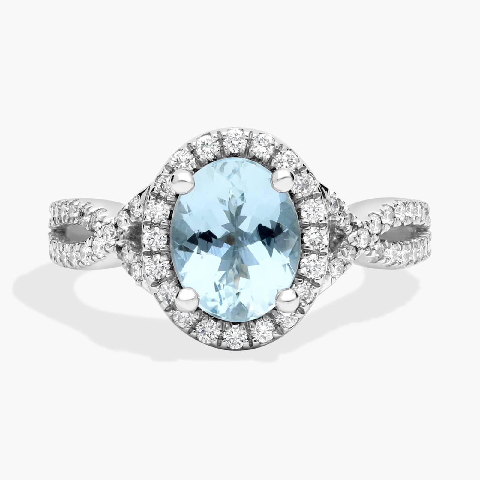 Twist Halo Diamond Engagement Ring with Oval Aquamarine in Platinum (9x7mm)