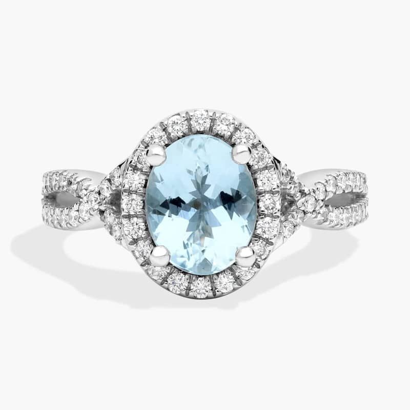 Twist Halo Diamond Engagement Ring with Oval Aquamarine in Platinum (9x7mm)