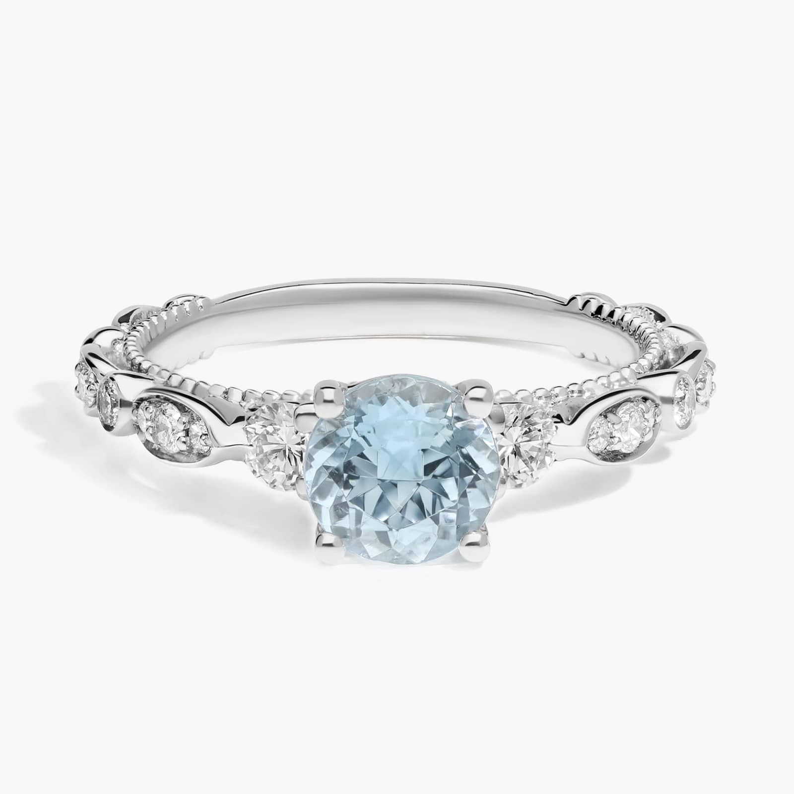 Floral Ellipse Diamond Cathedral Engagement Ring with Round Aquamarine in Platinum (6.5mm)