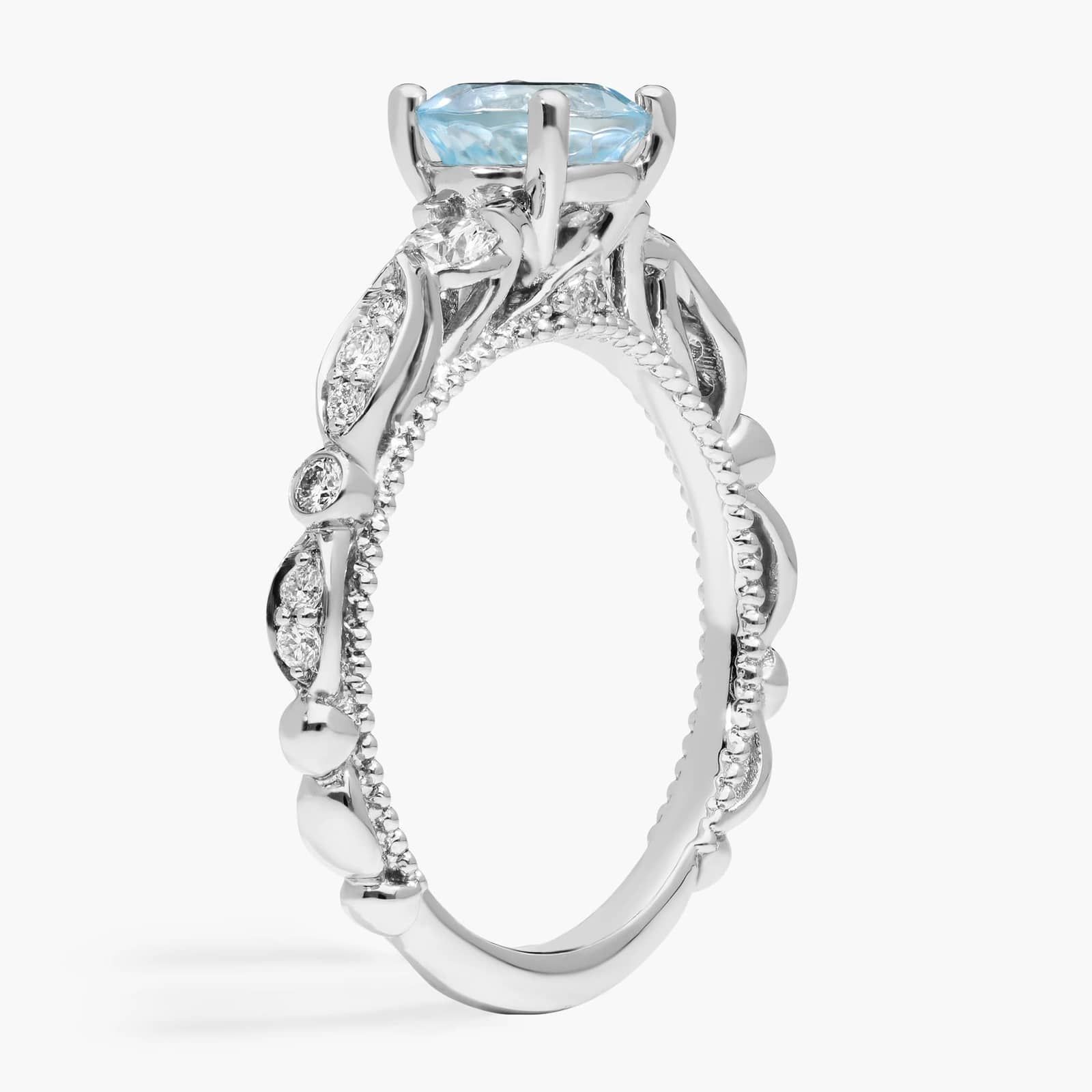 Floral Ellipse Diamond Cathedral Engagement Ring with Round Aquamarine in Platinum (6.5mm)