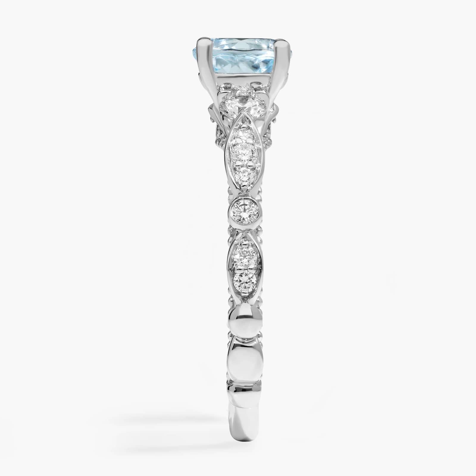 Floral Ellipse Diamond Cathedral Engagement Ring with Round Aquamarine in Platinum (6.5mm)