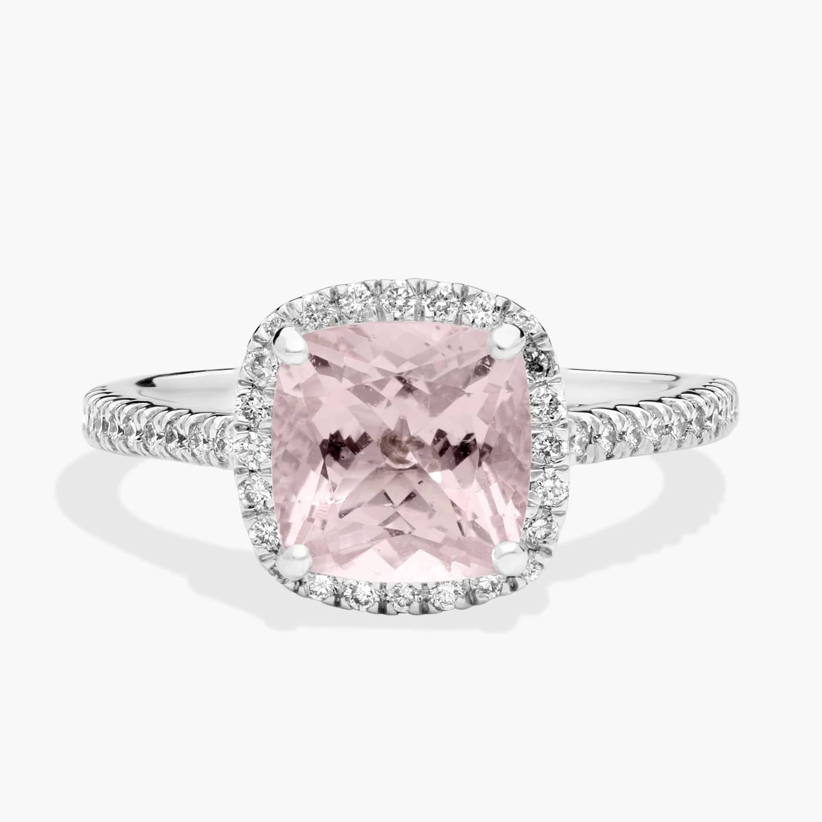 Classic Halo Diamond Engagement Ring with Cushion Morganite in 14k White Gold (8mm)