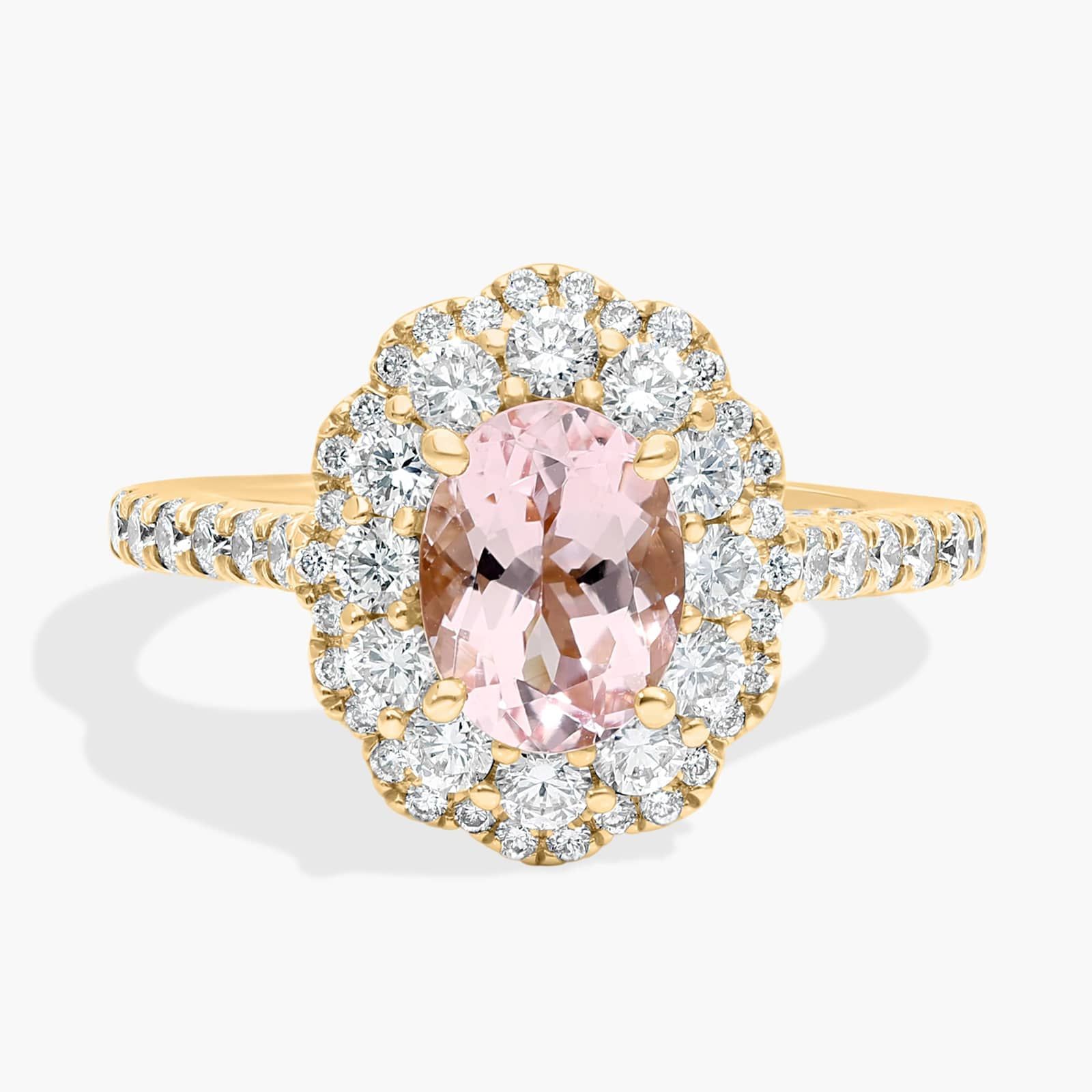 Vintage Diamond Halo Engagement Ring with Oval Morganite in 14k Yellow Gold (8x6mm)