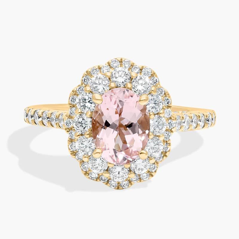 Vintage Diamond Halo Engagement Ring with Oval Morganite in 14k Yellow Gold (8x6mm)