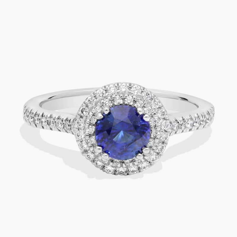 Micropavé Double Halo Diamond Engagement Ring with Round Sapphire in Platinum (6mm)