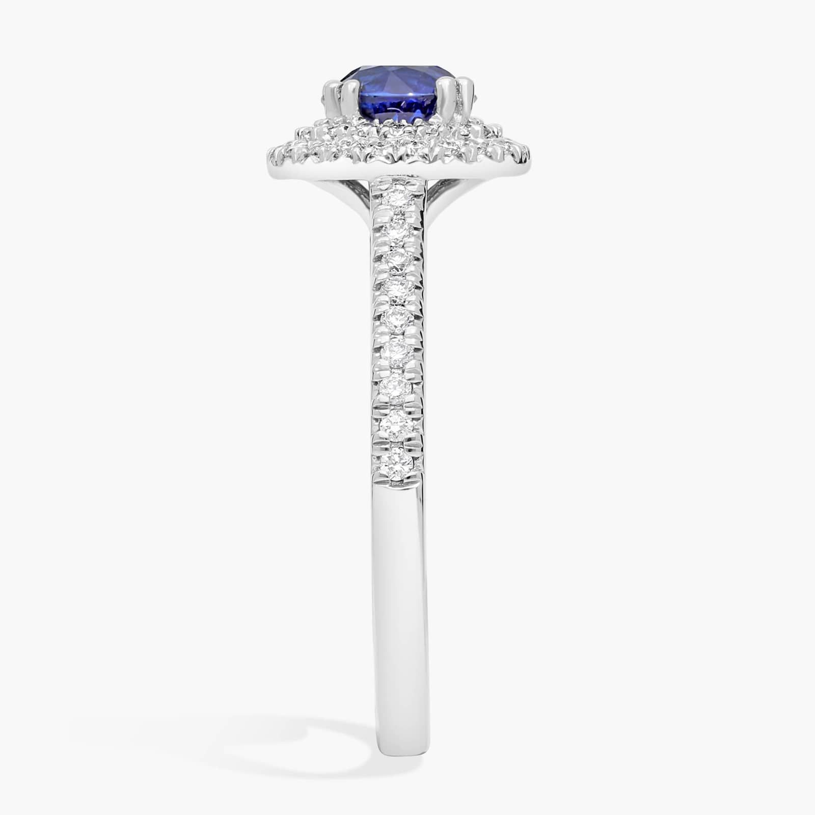 Micropavé Double Halo Diamond Engagement Ring with Round Sapphire in Platinum (6mm)