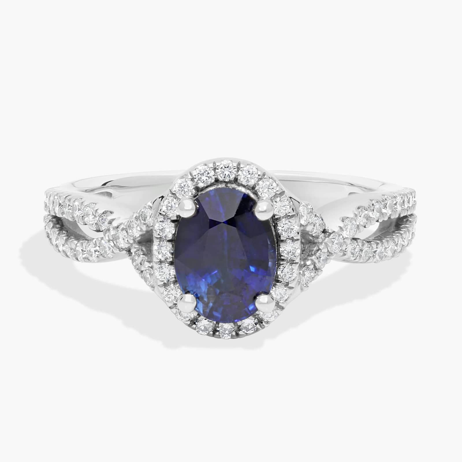 Twist Halo Diamond Engagement Ring with Oval Sapphire in 14k White Gold (8x6mm)