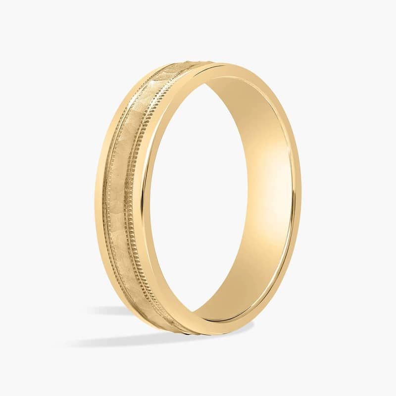 Hammered Milgrain Comfort Fit Wedding Ring in 14k Yellow Gold (5mm)