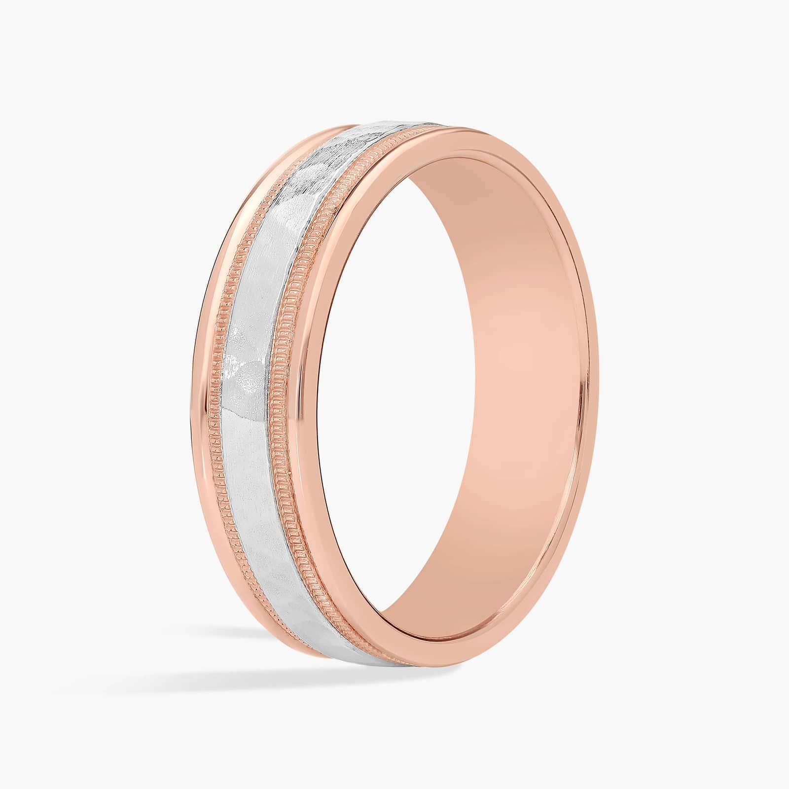 Hammered Milgrain Comfort Fit Wedding Ring in 14k Rose and White Gold (6mm)