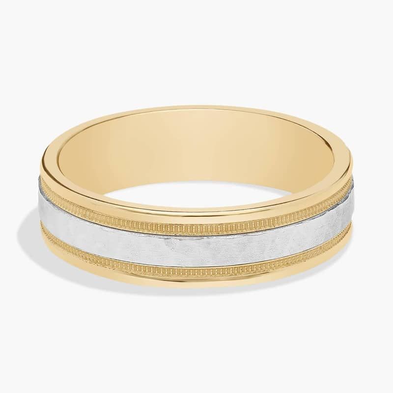 Hammered Milgrain Comfort Fit Wedding Ring in 14k Yellow and White Gold (6mm)