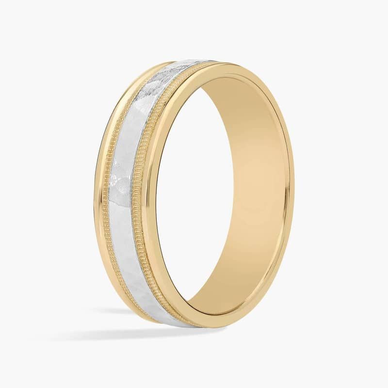 Hammered Milgrain Comfort Fit Wedding Ring in 14k Yellow and White Gold (6mm)