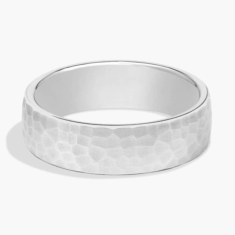 Matte Hammered Flat Comfort Fit Wedding Ring in 14k White Gold (6.5mm)