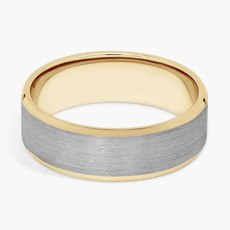 Brushed Beveled Edge Wedding Ring in 14k White and Yellow Gold (7mm)