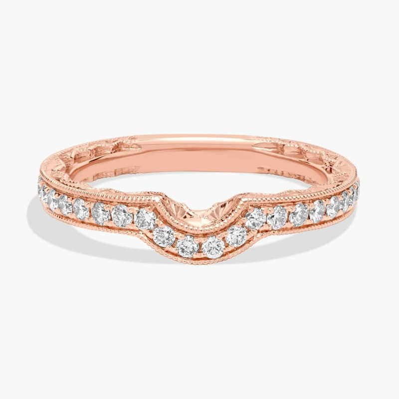 Curved Diamond and Milgrain Engraved Profile Wedding Ring in 14k Rose Gold (1/4 ct. tw.)