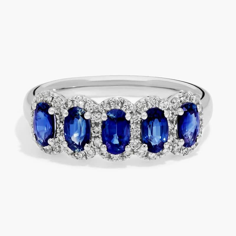 Oval Sapphire Halo Anniversary Ring in 14k White Gold (5x3mm)