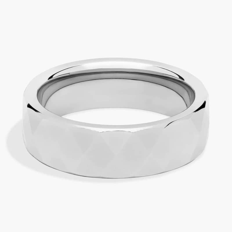 Flat Edge Faceted Diamond Shape Wedding Ring in White Tungsten (7mm)