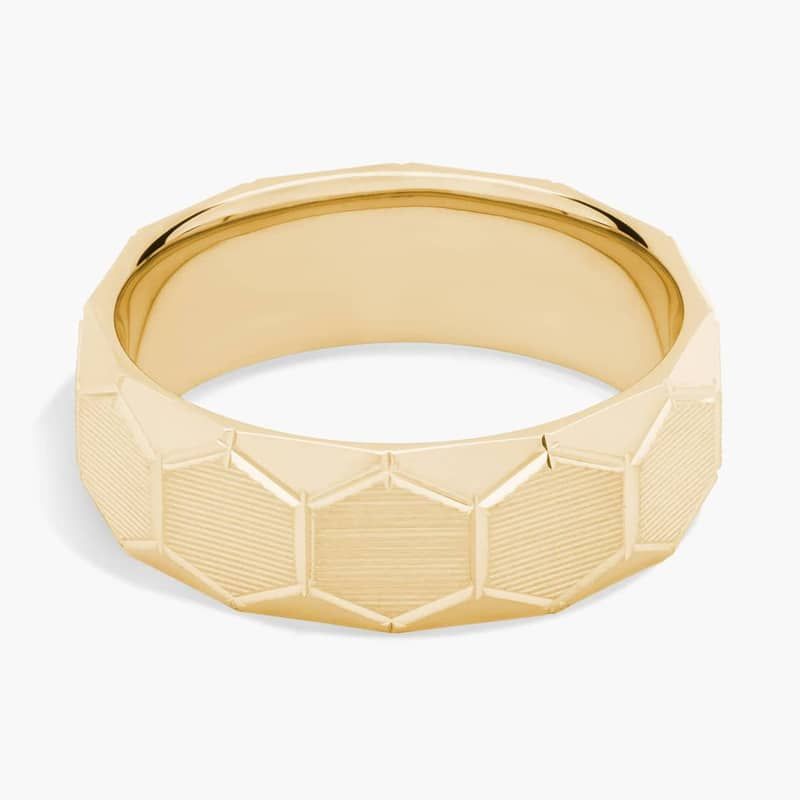 Raised Hexagon Lined Wedding Ring in 14k Yellow Gold (7mm)