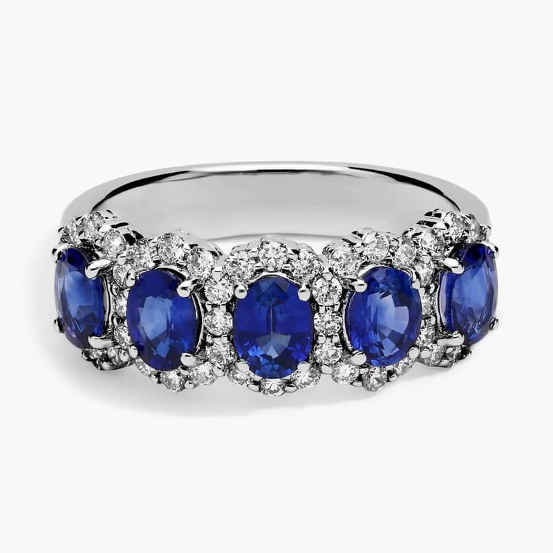 Five Stone Oval Sapphire and Diamond Halo Anniversary Ring in 14k White Gold (4x3mm)